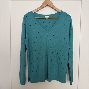 J Jill Sweater Womens Sz M Teal V Neck Polka Dot Lightweight Preppy Casual